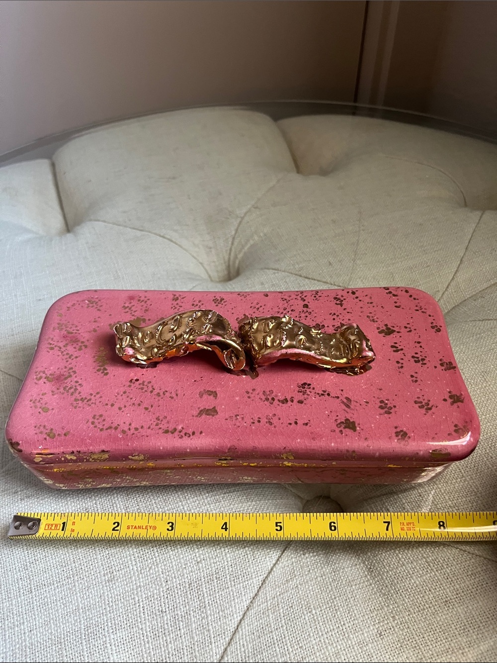 Vintage Hollywood Regency Pink Gold Metallic Handle Specs Jewelry Trinket Box - Picture 12 of 16